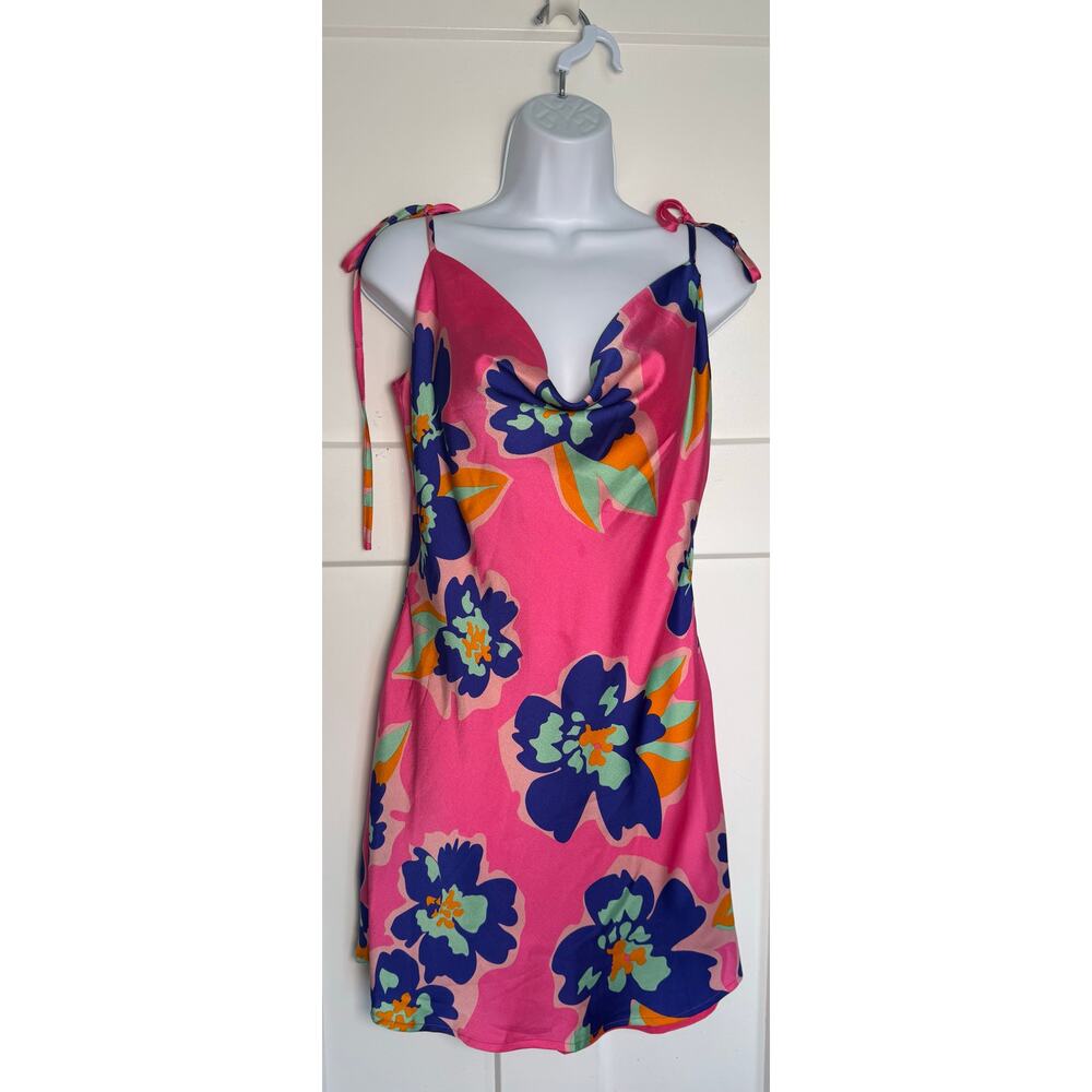 BaeVely Dress Floral PInk Blue Silky Mini Dress Tie Straps Size LARGE Lined